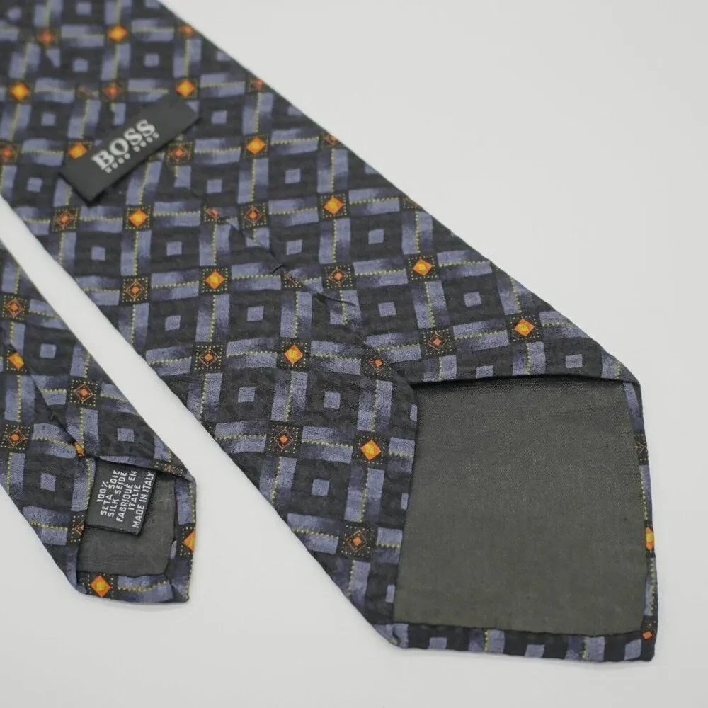 Boss‎ Hugo Boss Geometric Print Blue Black Orange Wide Silk Tie - Picture 5 of 6
